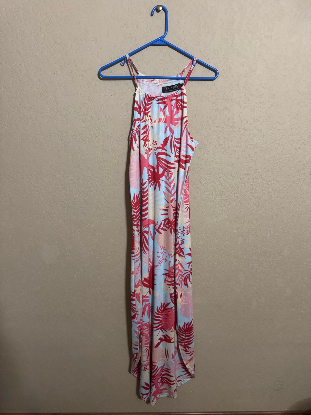 Tropical Print Maxi Dress in Coral & Light Blue